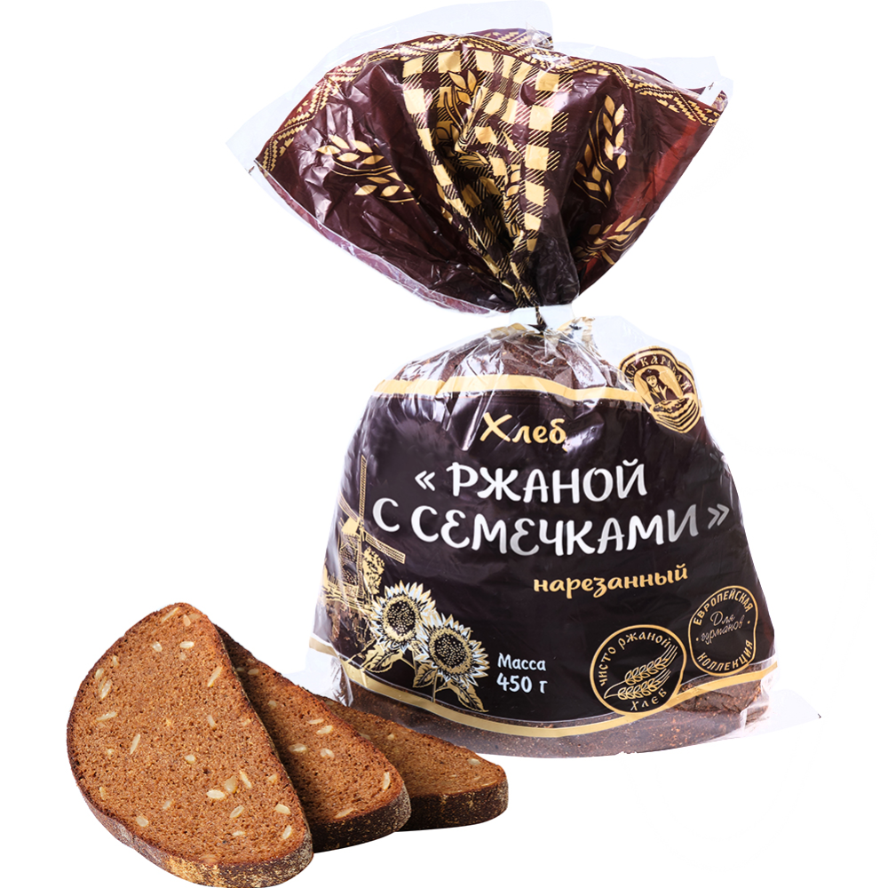 Хлеб подовый «Ржаной с семечками» нарезанный упакованный, 0.45 кг ...