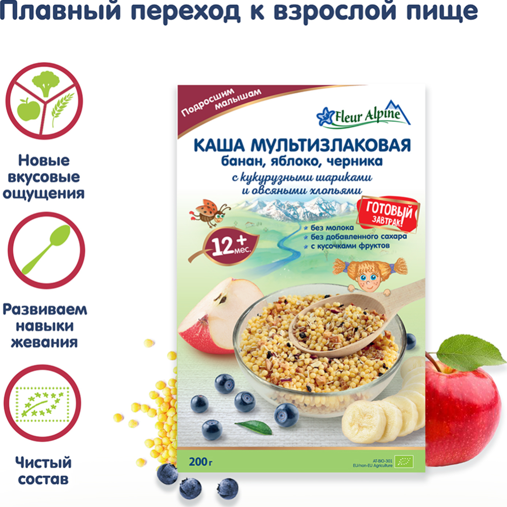 Каша сухая безмолочная «Fleur Alpine» банан, яблоко, черника, с 12 ...